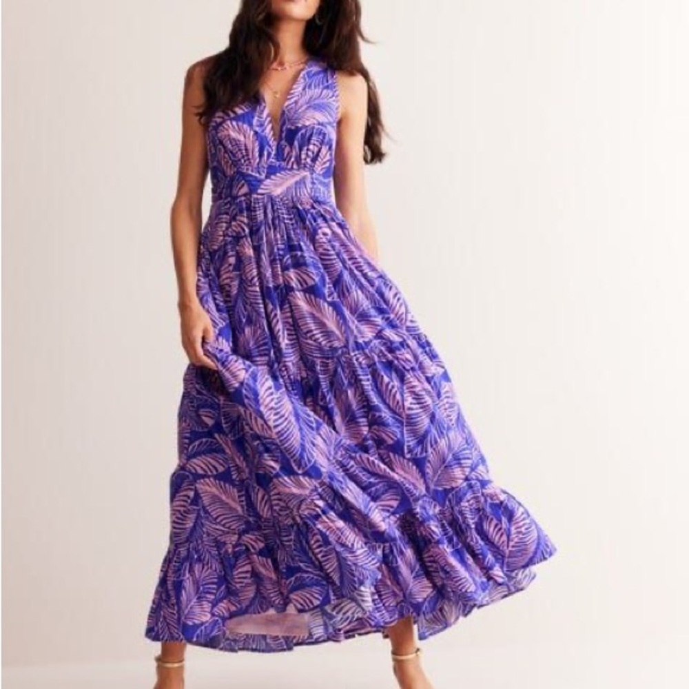 Boden Purple Palm-Print V-Neck Maxi Dress